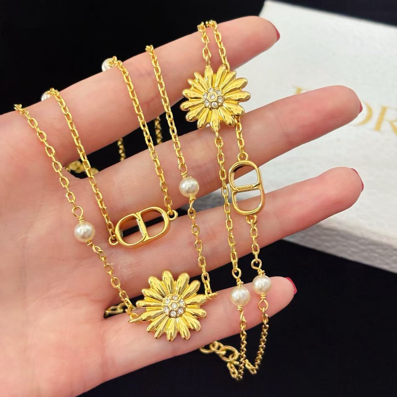 Dio*r CD Multi Flowers Series Metal Daisy CD Double Chain Bracelet/Necklace
