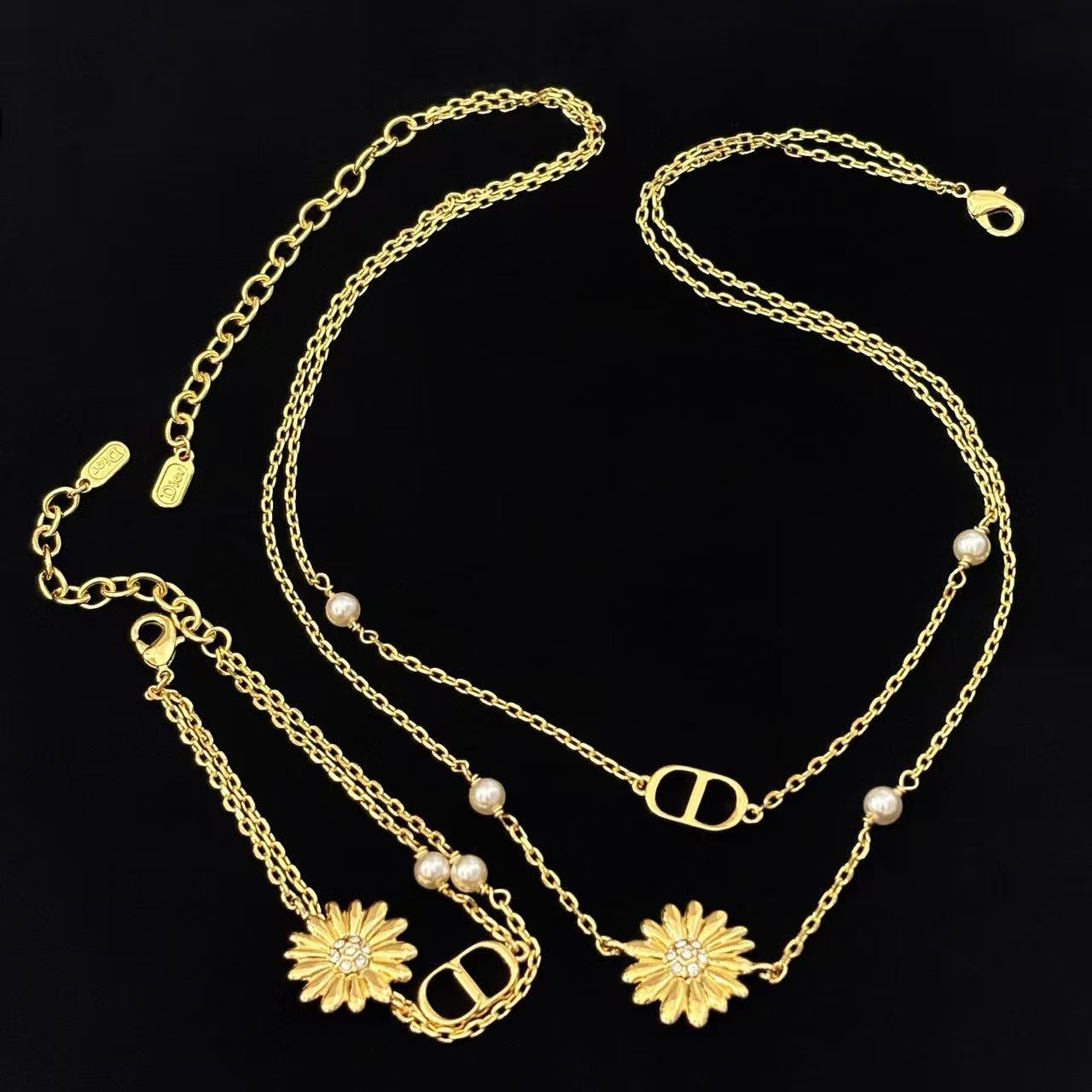 Dio*r CD Multi Flowers Series Metal Daisy CD Double Chain Bracelet/Necklace